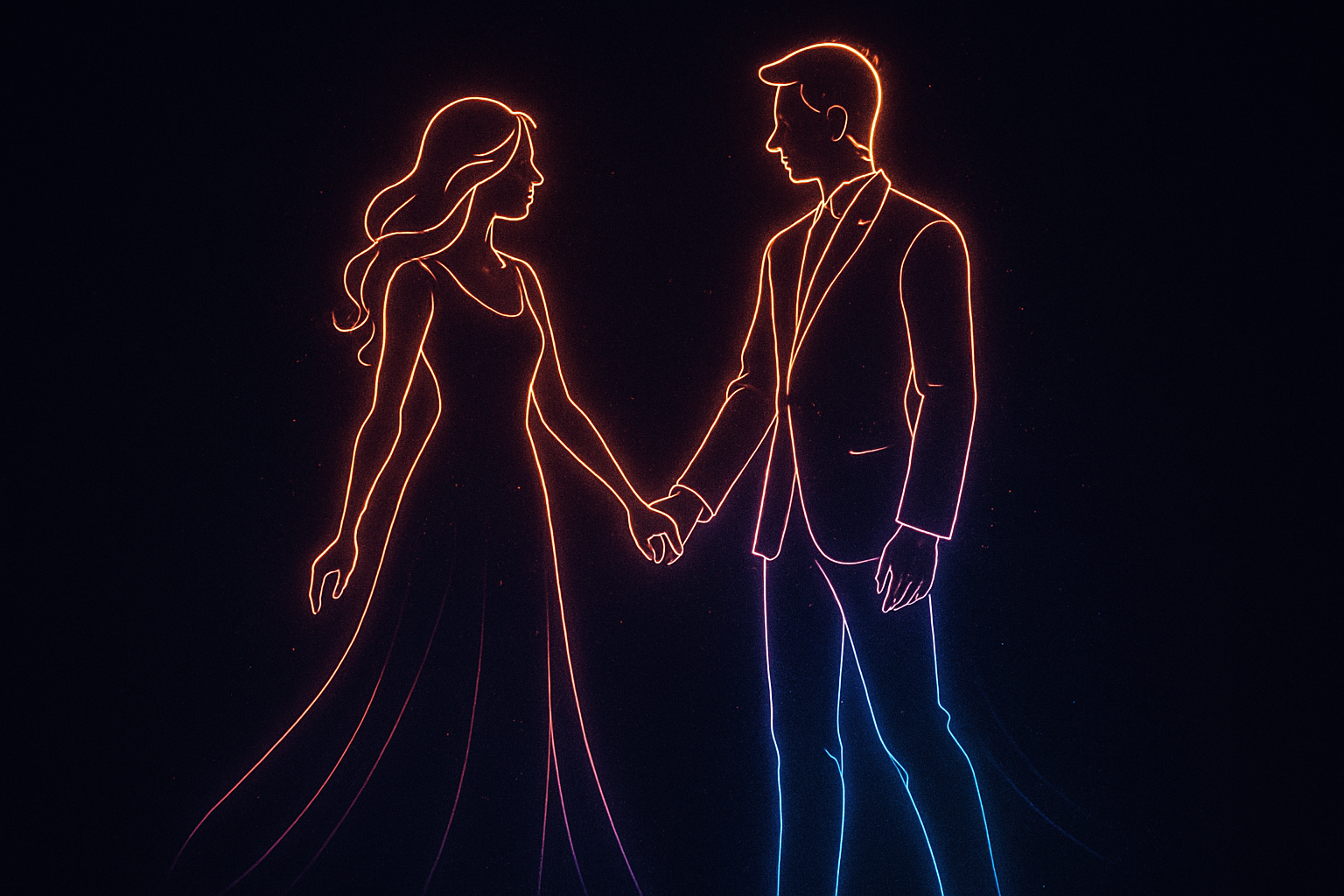 Crea una figura, pero solo los bordes de un hombre y una mujer cogidos de la mano. Crea algún efecto para que resulte llamativo. 